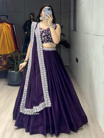 DESIGNER FENDY SATIN PLAIN WITH EMBROIDERY WORK BELT ON LEHNEGA CHOLI WITH DUPATTA PURPLE