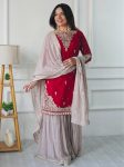 DESIGNER GEORGETTE CODING SEQUENCE EMBROIDERY WORK TOP SHARARA WITH DUPATTA RED