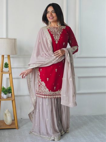DESIGNER GEORGETTE CODING SEQUENCE EMBROIDERY WORK TOP SHARARA WITH DUPATTA RED