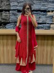 DESIGNER GEORGETTE DIGITAL PRINTED EMBROIDERY REAL MIRROR WORK TOP PALAZZO WITH DUPATTA RED