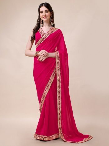 DESIGNER GEORGETTE EMBROIDERY AND CUT WORK LACE  BORDER WORK SAREE WITH UNSTITCHED BLOUSE RANI