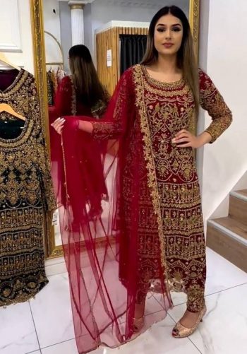 DESIGNER GEORGETTE EMBROIDERY HAND WORK TOP BOTTOM WITH DUPATTA RED