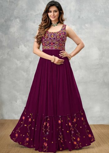 DESIGNER GEORGETTE EMBROIDERY MULTI THREAD WORK GOWN WINE