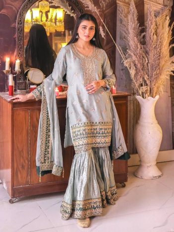 DESIGNER GEORGETTE EMBROIDERY SEQUENCE AND MOTI WORK WITH LACE WORK TOP SHARARA WITH DUPATTA GREY