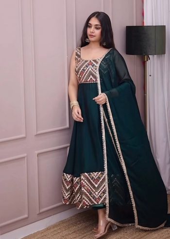 DESIGNER GEORGETTE EMBROIDERY SEQUENCE LACE WORK GOWN WITH DUPATTA GREEN