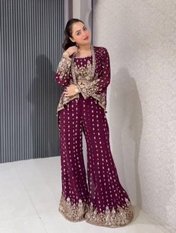 DESIGNER GEORGETTE EMBROIDERY SEQUENCE WORK BLOUSE PALAZZO WITH KOTI  MAROON