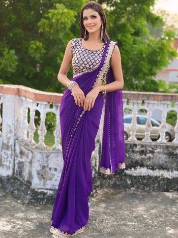 DESIGNER GEORGETTE EMBROIDERY SEQUENCE WORK SAREE WITH UNSTITCHED BLOUSE PURPLE