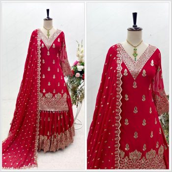 DESIGNER GEORGETTE EMBROIDERY SEQUENCE WORK TOP LEHENGA WITH DUPATTA RED