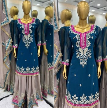 DESIGNER GEORGETTE EMBROIDERY SEQUENCE WORK TOP PALAZZO WITH DUPATTA TEAL