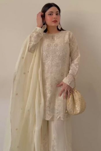 DESIGNER GEORGETTE EMBROIDERY SEQUENCE WORK TOP PALAZZO WITH DUPATTA CREAM