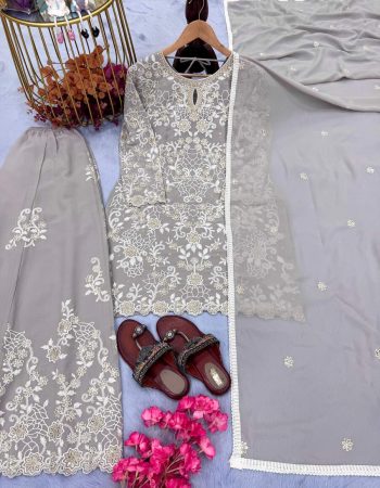 DESIGNER GEORGETTE EMBROIDERY SEQUENCE WORK TOP PALAZZO WITH DUPATTA GREY