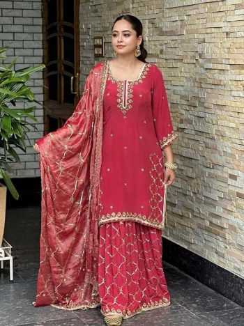 DESIGNER GEORGETTE EMBROIDERY SEQUENCE WORK TOP SHARARA WITH DUPATTA RANI