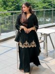 DESIGNER GEORGETTE EMBROIDERY SEQUENCE WORK WITH MOTI WORK TOP PALAZZO WITH DUPATTA  BLACK