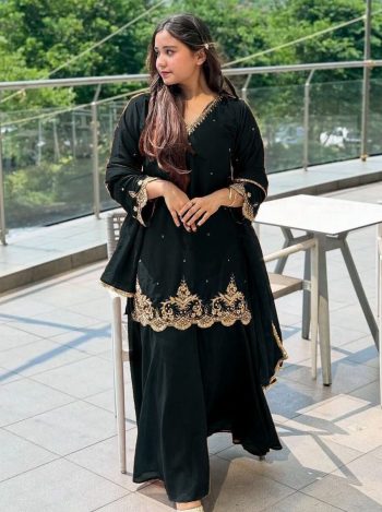 DESIGNER GEORGETTE EMBROIDERY SEQUENCE WORK WITH MOTI WORK TOP PALAZZO WITH DUPATTA  BLACK