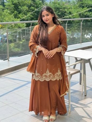 DESIGNER GEORGETTE EMBROIDERY SEQUENCE WORK WITH MOTI WORK TOP PALAZZO WITH DUPATTA  CHIKU
