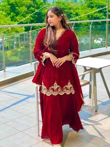 DESIGNER GEORGETTE EMBROIDERY SEQUENCE WORK WITH MOTI WORK TOP PALAZZO WITH DUPATTA  RED