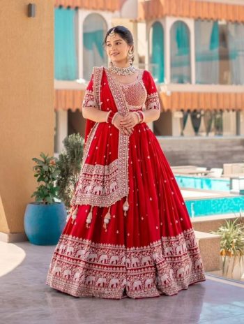 DESIGNER GEORGETTE EMBROIDERY THREAD AND SEQUENCE WORK LEHENGA CHOLI WITH DUPATTA RED