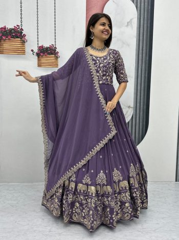 DESIGNER GEORGETTE EMBROIDERY THREAD WORK GOWN WITH DUPATTA LAVENDER
