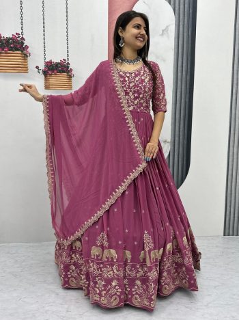 DESIGNER GEORGETTE EMBROIDERY THREAD WORK GOWN WITH DUPATTA PEACH