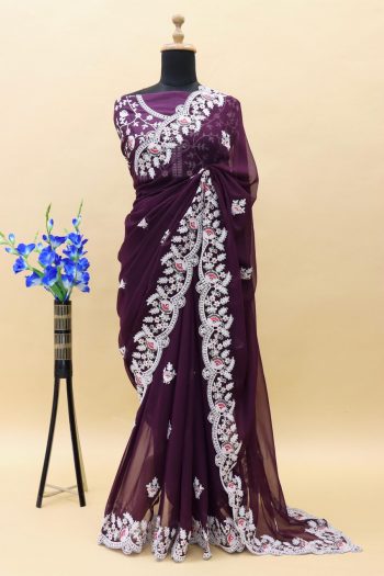 DESIGNER GEORGETTE EMBROIDERY WORK SAREE WITH UNSTITCHED BLOUSE PURPLE