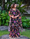 DESIGNER GEORGETTE FLORAL PRINTED EMBROIDERY WORK TOP SHARARA WITH DUPATTA BLACK