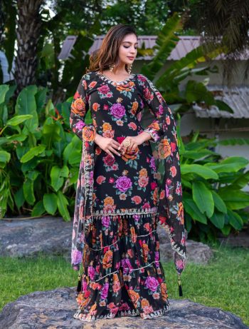 DESIGNER GEORGETTE FLORAL PRINTED EMBROIDERY WORK TOP SHARARA WITH DUPATTA BLACK