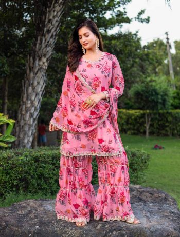 DESIGNER GEORGETTE FLORAL PRINTED EMBROIDERY WORK TOP SHARARA WITH DUPATTA PINK