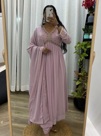 DESIGNER GEORGETTE HANDWORK ALIA CUT GOWN BOTTOM WITH DUPATTA BABY PINK