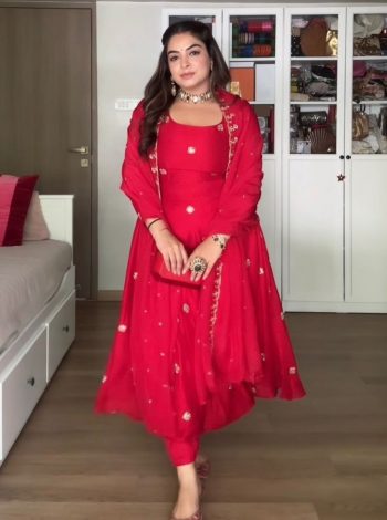 DESIGNER GEORGETTE MOTI HAND WORK ANARKALI GOWN BOTTOM WITH DUPATTA RED