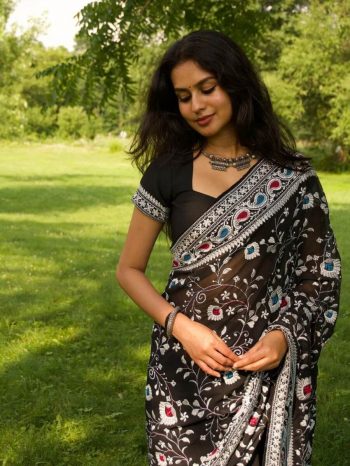 DESIGNER GEORGETTE NEDDLE WORK SAREE WITH UNSTITCHED BLOUSE BLACK