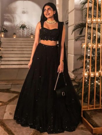 DESIGNER GEORGETTE SEQUENCE AND THREAD WORK LEHENGA CHOLI WITH DUPATTA  BLACK