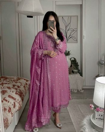 DESIGNER GEORGETTE SEQUENCE AND ZARI EMBROIDERY WORK TOP BOTTOM WITH DUPATTA PINK