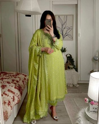 DESIGNER GEORGETTE SEQUENCE AND ZARI EMBROIDERY WORK TOP BOTTOM WITH DUPATTA LEMON