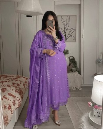 DESIGNER GEORGETTE SEQUENCE AND ZARI EMBROIDERY WORK TOP BOTTOM WITH DUPATTA LAVENDER