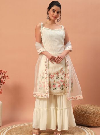 DESIGNER GEORGETTE SEQUENCE EMBROIDERED WORK TOP SHARARA WITH DUPATTA CREAM