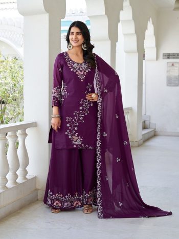 DESIGNER GEORGETTE SEQUENCE EMBROIDERY MOTI WORK TOP PALAZZO WITH DUPATTA  WINE