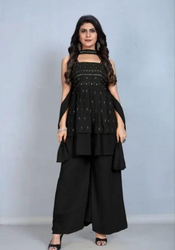 DESIGNER GEORGETTE SEQUENCE EMBROIDERY MOTI WORK TOP PALAZZO WITH DUPATTA BLACK