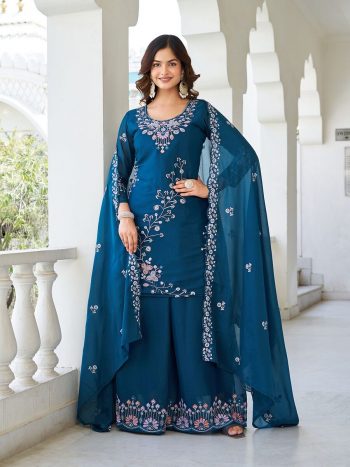DESIGNER GEORGETTE SEQUENCE EMBROIDERY MOTI WORK TOP PALAZZO WITH DUPATTA RAMA