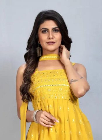 DESIGNER GEORGETTE SEQUENCE EMBROIDERY MOTI WORK TOP PALAZZO WITH DUPATTA YELLOW