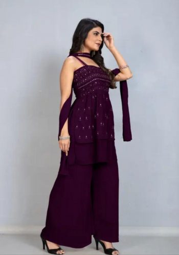 DESIGNER GEORGETTE SEQUENCE EMBROIDERY MOTI WORK TOP PALAZZO WITH DUPATTA PURPLE