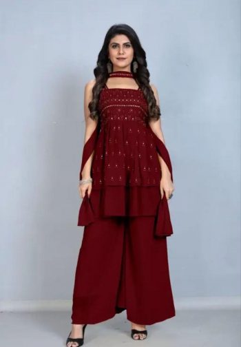 DESIGNER GEORGETTE SEQUENCE EMBROIDERY MOTI WORK TOP PALAZZO WITH DUPATTA MAROON