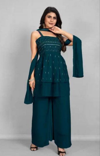 DESIGNER GEORGETTE SEQUENCE EMBROIDERY MOTI WORK TOP PALAZZO WITH DUPATTA RAMA