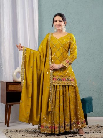 DESIGNER GEORGETTE SEQUENCE EMBROIDERY WORK TOP PALAZZO WITH DUPATTA YELLOW