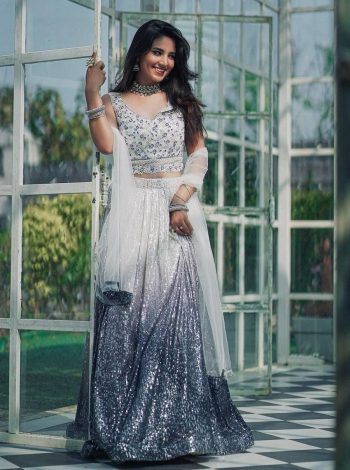 DESIGNER GEORGETTE SEQUENCE WORK LEHENGA CHOLI WITH DUPATTA  AND WAIST BELT MULTI