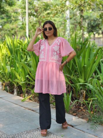 DESIGNER GEORGETTE THREAD EMBROIDERY WORK ONLY TOP BABYPINK