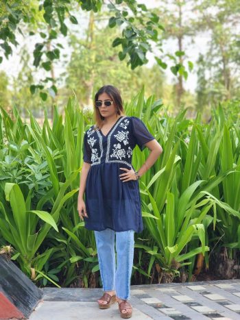 DESIGNER GEORGETTE THREAD EMBROIDERY WORK ONLY TOP BLUE