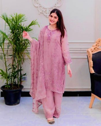 DESIGNER GEORGETTE THREAD SEQUENCE EMBROIDERY WORK TOP PALAZZO WITH DUPATTA PINK