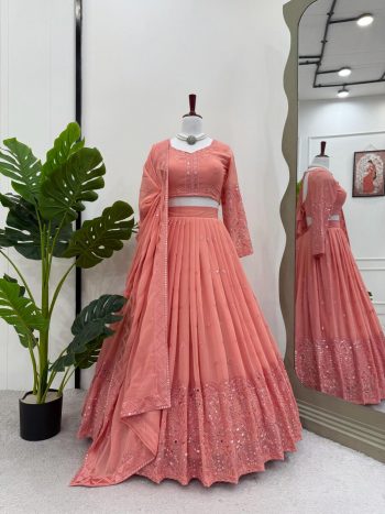 DESIGNER GEORGETTE THREAD SEQUENCE WORK LEHENGA CHOLI WITH DUPATTA PEACH