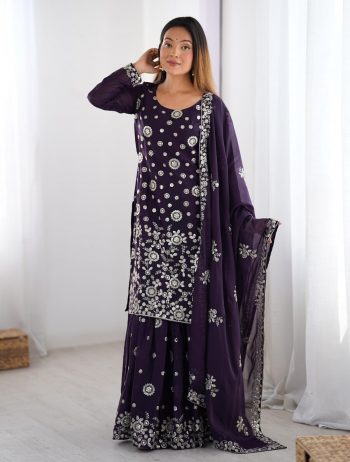DESIGNER GEORGETTE THREAD SEQUENCE WORK TOP SHARARA WITH DUPATTA PURPLE