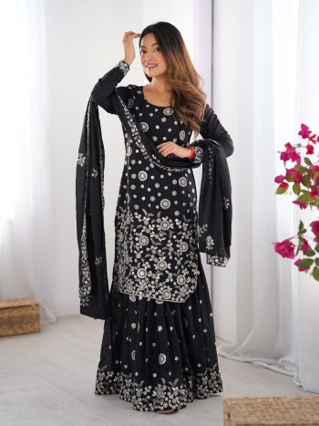 DESIGNER GEORGETTE THREAD SEQUENCE WORK TOP SHARARA WITH DUPATTA BLACK